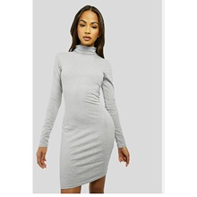 Grey Roll Neck Long Sleeved Mini Dress