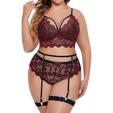 Red and Black All 3 Piece Lacy See Thru Lingerie Set 